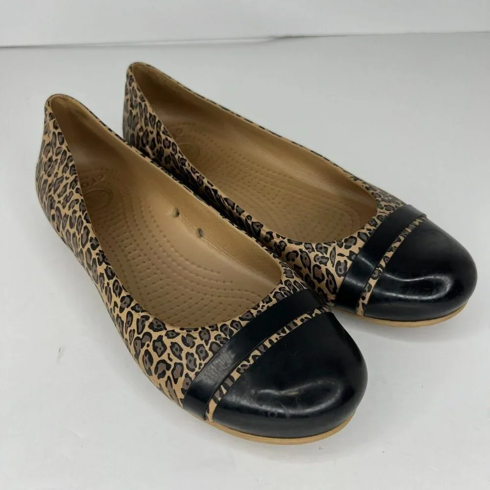Crocs Womens Multicolor Cap Toe Leopard Print Size 8 Slip On Flat Shoes - Picture 2 of 9